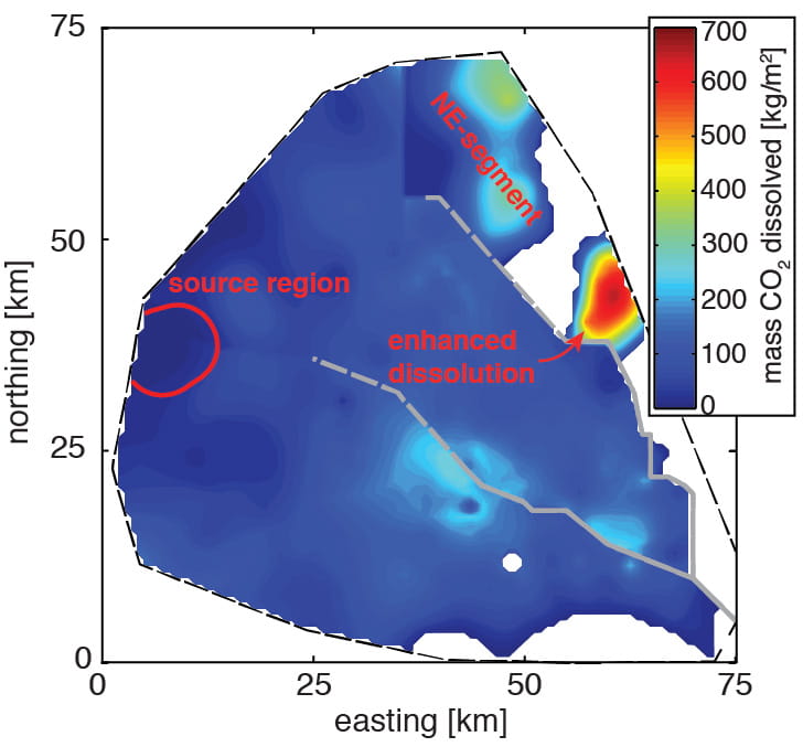 Map of carbon dioxide dissolution across the Bravo Dome gas field.