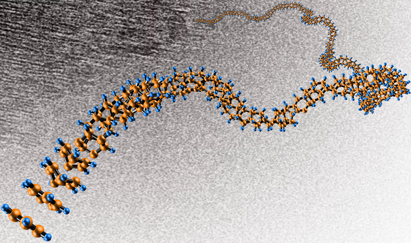 Rendering of carbon nanothreads as suggested by characterization techniques.