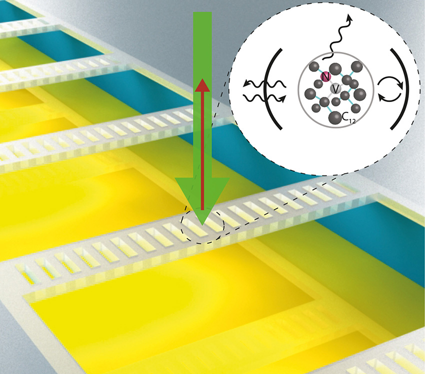 Diamond optical cavities allow laser light (green arrow) to excite electrons on atoms held within the cavities, transferring information about the atoms outward via light (red arrow).