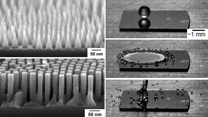 High-speed photographs of a falling water droplet on a nanostructured surface (top) before, (middle) during, and (bottom) after impact.