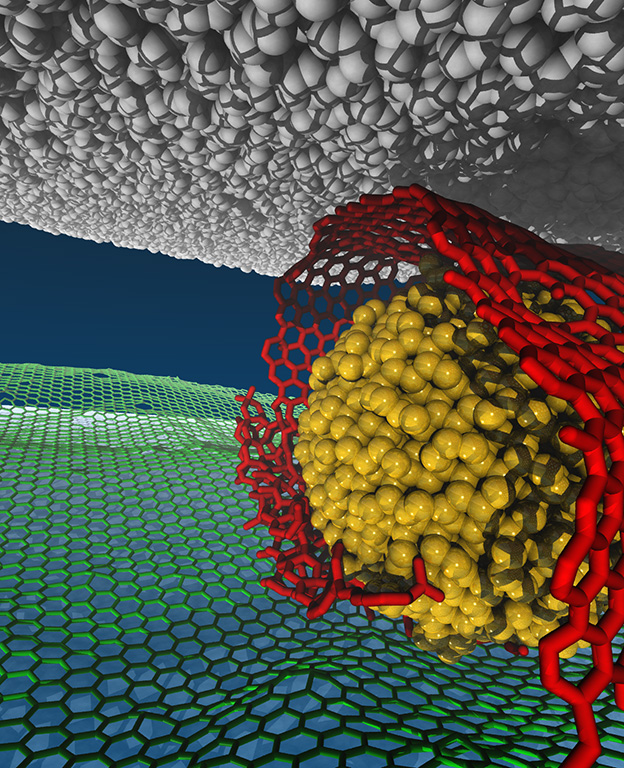 nanoscroll-superlubricity-large.jpg Visualized model of a superlubricity (low-friction) system: gold = nanodiamond particles; red = graphene nanoscroll; green = underlying graphene on silica; black = diamond-like carbon surface.