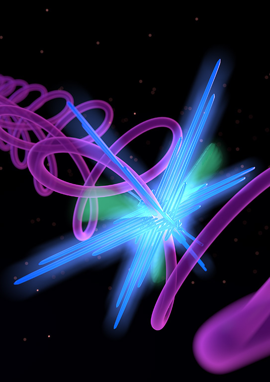 This artistically enhanced depiction shows an atom being hit by a strong rosette-shaped laser field (purple), ripping an electron (green) from the parent atom that then re-collides with the atom.