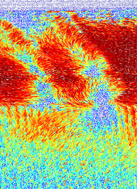 A vector map of the measured deflections of an atomic-sized electron beam scanned across different polar domains in the ferroelectric bismuth ferrite. The image was recorded in about a minute by the new electron microscope pixel array detector.
