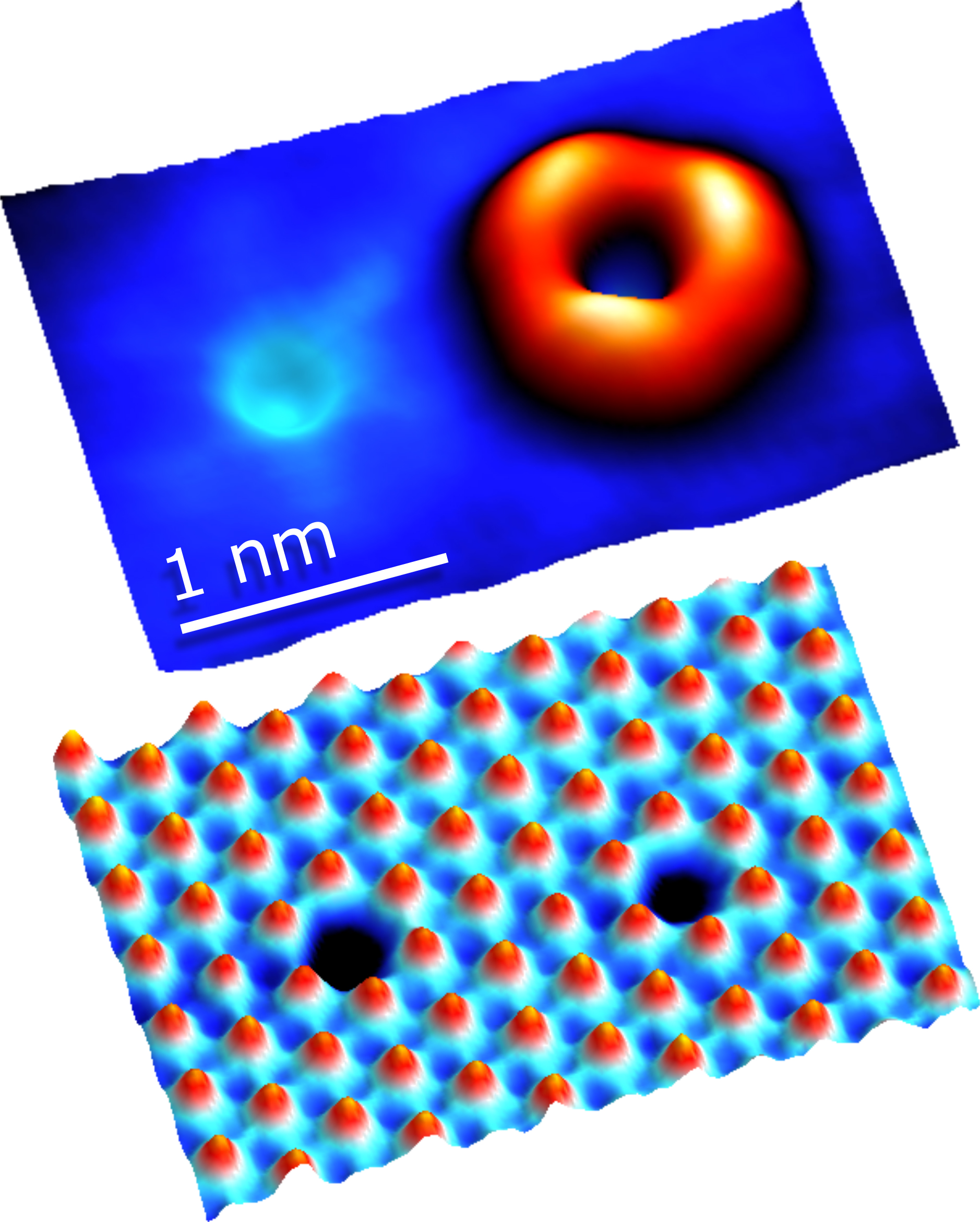 Two boxes, the top box with a blue background and a red donut on the right, the bottom a blue and red grid of small spheres.