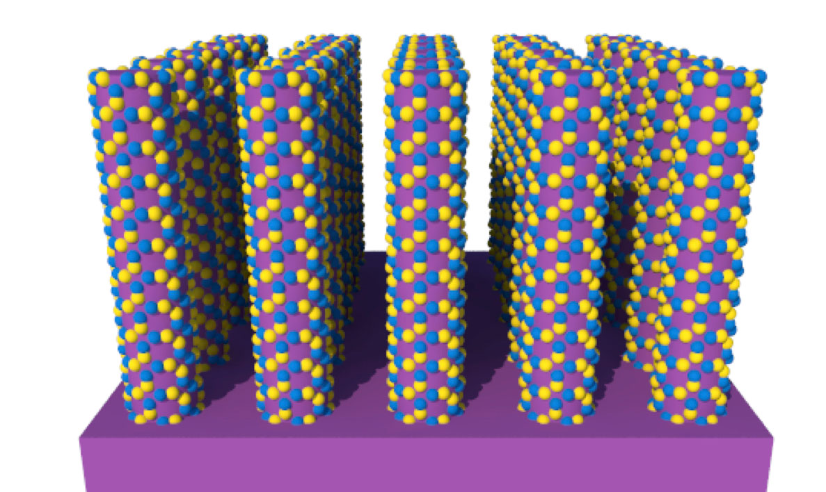 Five rectangular cubes of small purple, yellow and pink spheres standing on end on a purple platform.