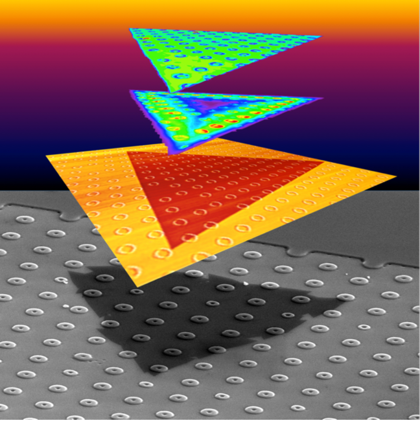Layers of multicolored triangles floating on top of a surface with round bumps.