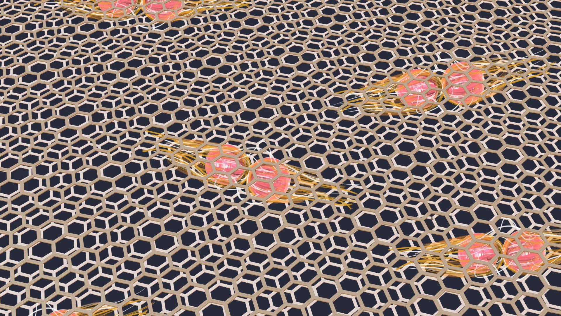 Multiple sets of pink spheres embedded in a mesh like grid.