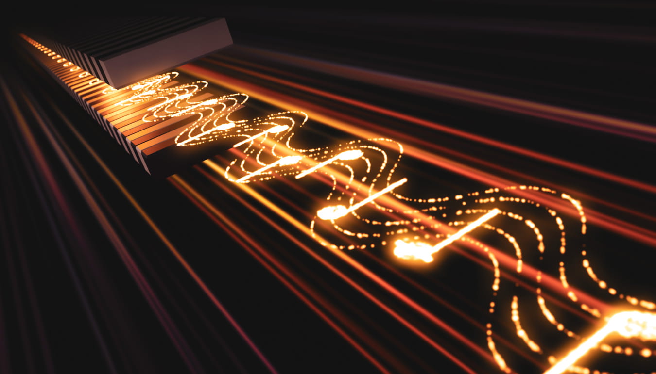 Illustration of an undulator’s magnetic field being manipulated to generate ultrafast X-ray pulses. The illustration compares the process to music: Instead of individual notes, researchers played a full melody.