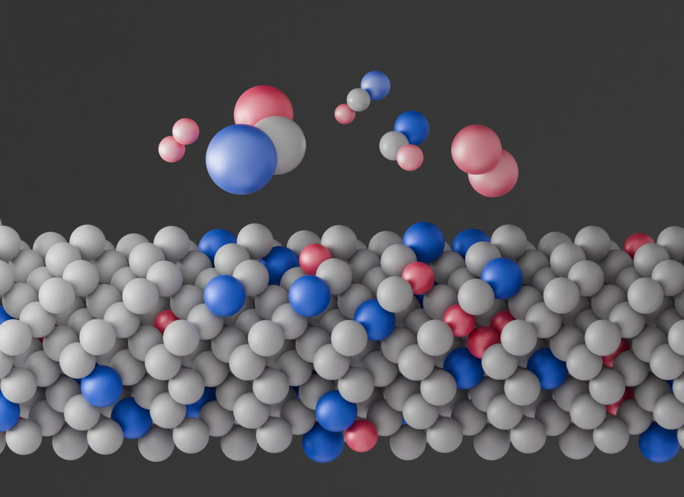 Germanium semiconductor (grey) with dilute silicon (Si) and tin (Sn) atoms (red and blue). Si and Sn do not spread out randomly. They often group together in Si-Ge-Sn sets, showing a short-range order that was previously predicted but not confirmed.