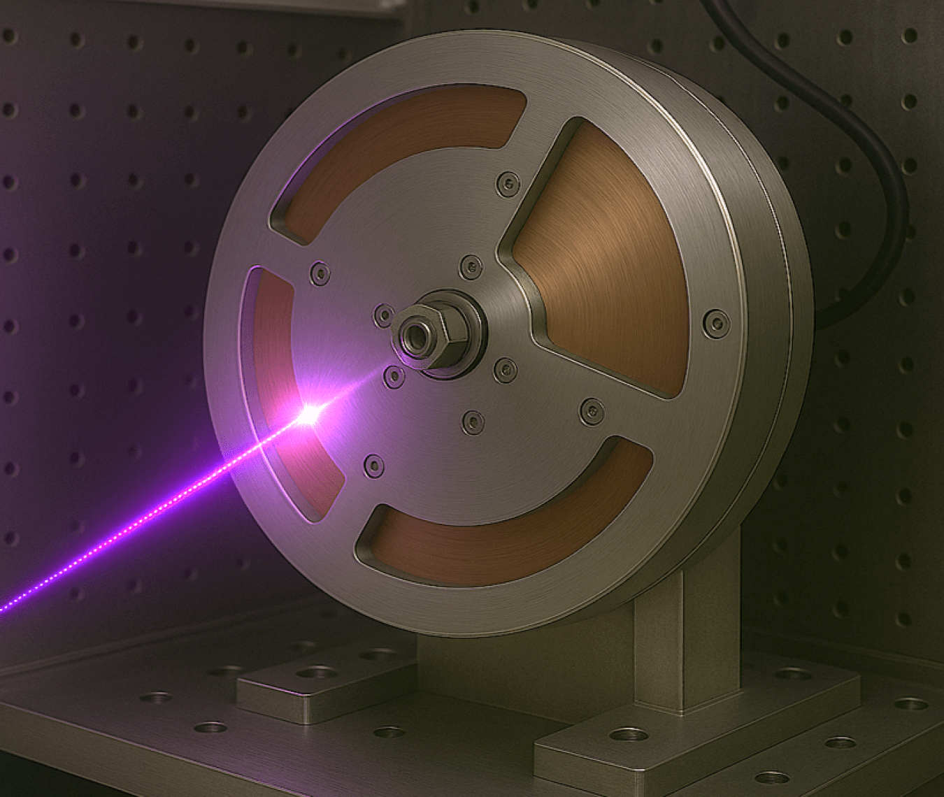 An artistic rendering of the fast-rotating disk with a copper target, spinning at 30,000 RPM to spatially separate the impacts of the XFEL pulse series.
