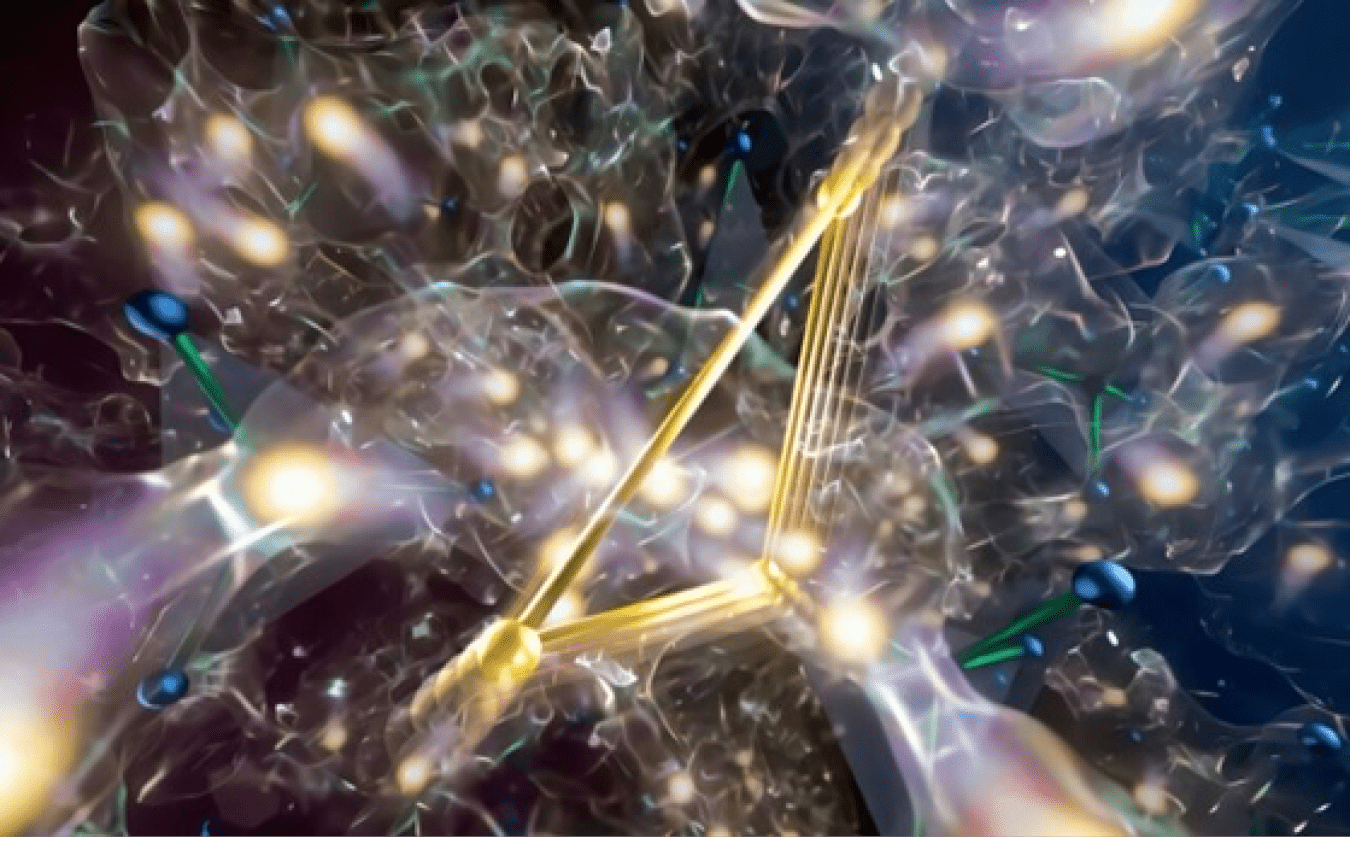 Lithium ions (glowing orbs) exhibit liquid-like mobility. This allows them to flow through a vibrating bottleneck (gold triangle) despite the electrolyte maintaining a solid-like state.
