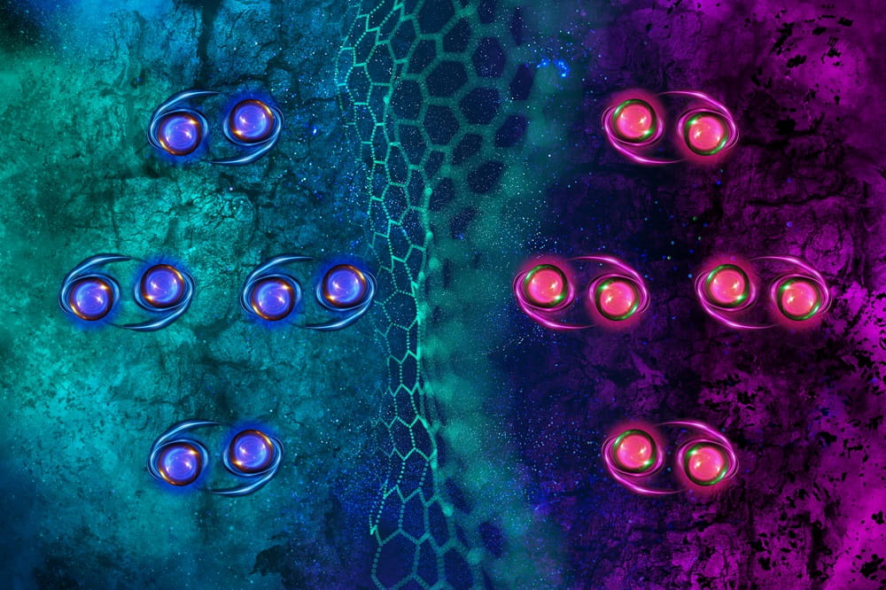 An illustration with blue pairs of electrons on the left against a teal background and pink pairs of electrons on the right against a pink background with a honeycomb layer between them