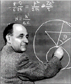Enrico Fermi drawing a figure on a chalkboard with formulas above the figure