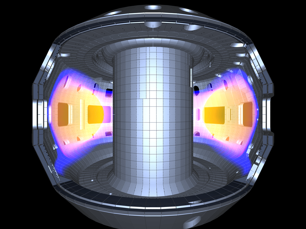 Illustration of a tokamak, a donut-shaped device with a metal column in the middle and plasma around it