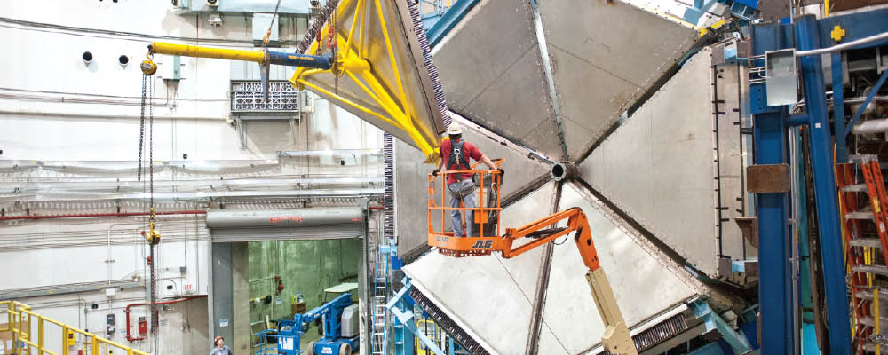 Installation work for the new CLAS12 detector in Jefferson Lab’s Experimental Hall B continues. Here, a segment of the pre-shower calorimeter, or PCAL, is installed.