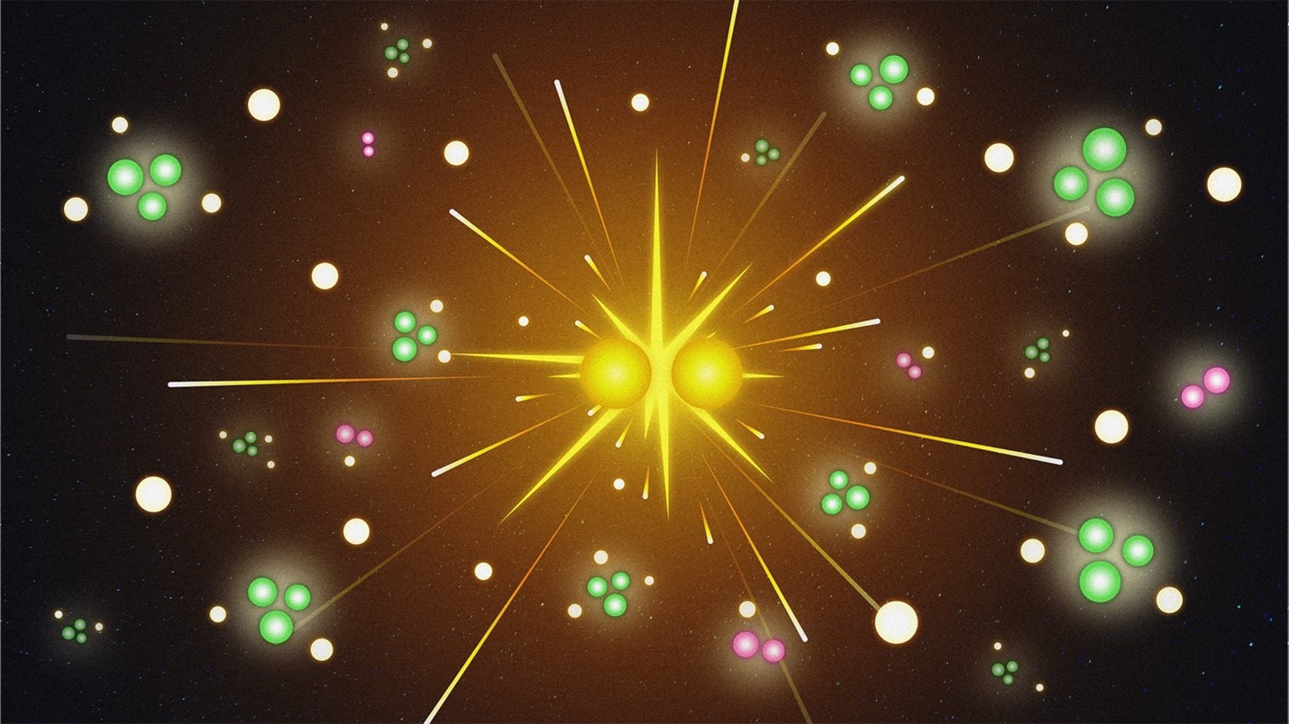 Illustration of a proton-proton collision at the Large Hadron Collider. Quarks produced in these collisions can cluster in threes to produce baryons (green) or in twos to make mesons (red).
