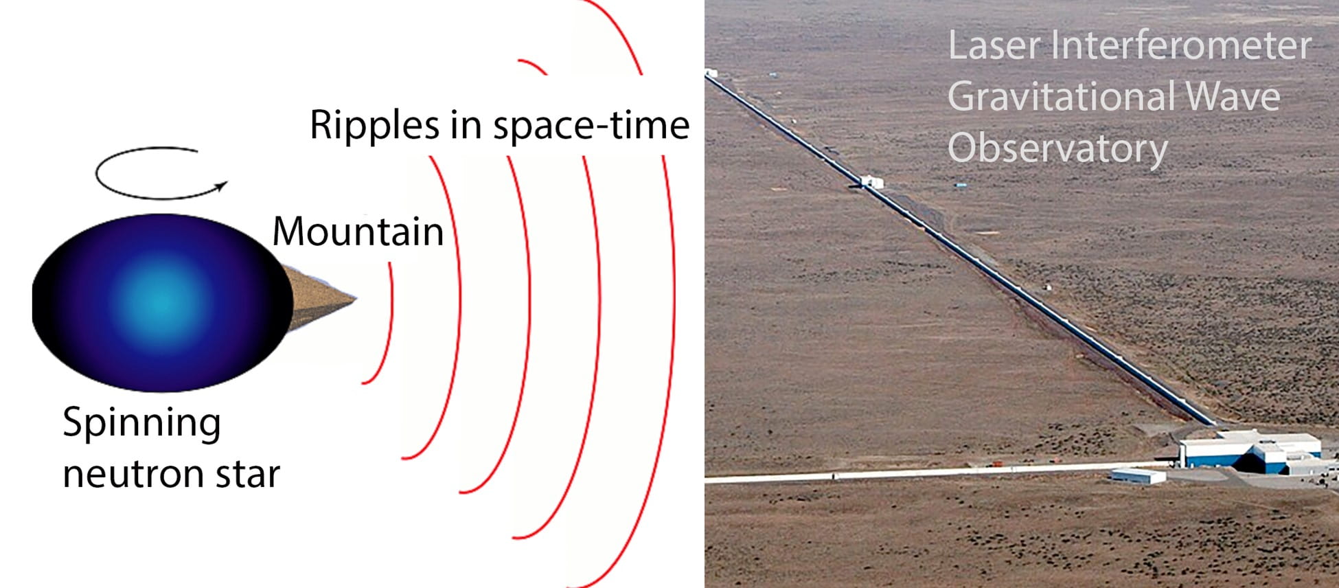 Gravity from mountains on rapidly rotating neutron stars produces ripples in space-time known as gravitational waves. The Laser Interferometer Gravitational Wave Observatory (LIGO) searches for such waves.