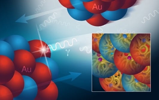 High-energy, near-miss collisions of atomic nuclei allow scientists to probe the inner structure of protons and neutrons in a gold (Au) nucleus, including the density of the gluelike gluons (in yellow) that bind these nucleons’ inner building blocks.