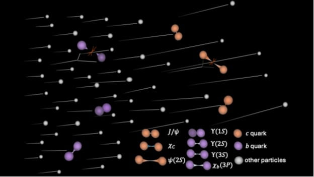 Illustration of quarkonium states interacting with co-moving particles in relativistic heavy ion collisions. 