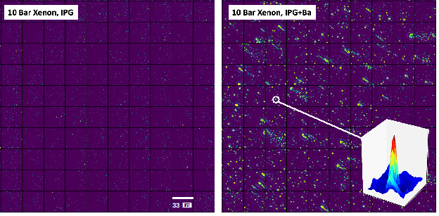 Individual ions are identified via molecular fluorescence in a high-pressure xenon gas detector. Panels show the fluorescence intensity before (left) and after (right) barium is added. Individual ions (bright spots) indicate a double beta decay event. 