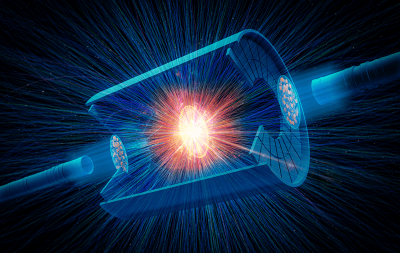 Drawing of real charged particle tracks from a collision of two uranium nuclei, shown exaggerated in size and flattened by the effects of traveling close to the speed of light, over a sketch of the STAR detector at the Relativistic Heavy Ion Collider. 