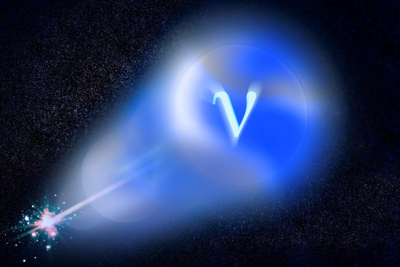 Artist impression of a trapped radioactive vapor decaying into a coherently-beamed stream of neutrinos (symbolized by v).